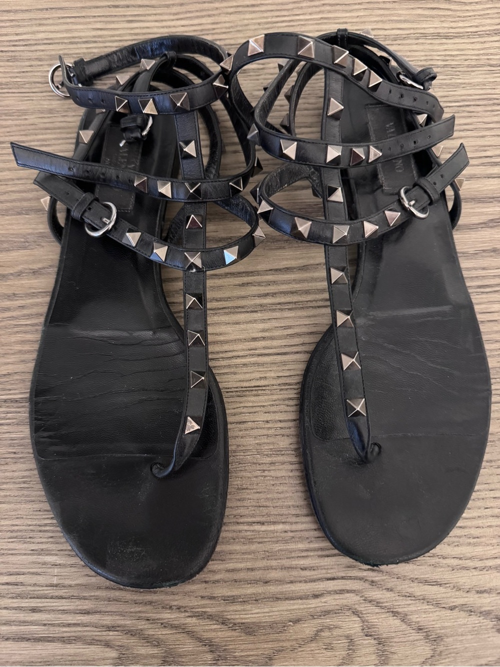 Valentino Black Rockstud Leather T-Strap Gladiator Sandals